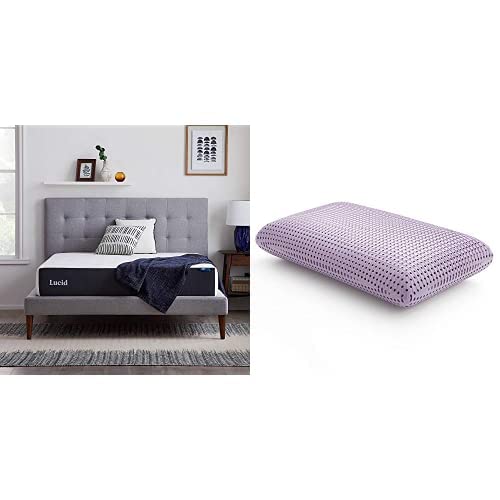 LUCID 10 Inch Gel Memory Foam Mattress - Firm Feel, Queen Size - with 2 Queen Size Lavender Scented Memory Foam Pillows