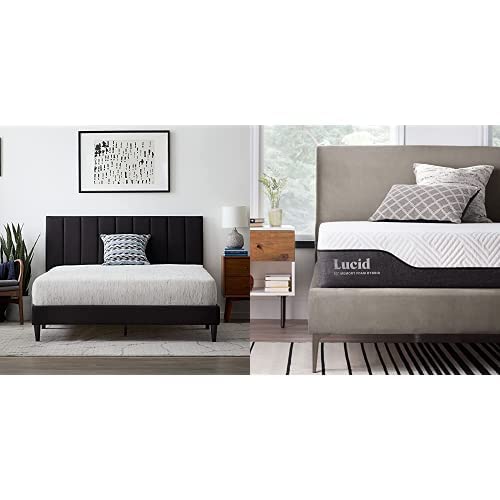 LUCID Upholstered Platform Bed with Channel Tufted Headboard - Black - with 10 Inch Bamboo Charcoal and Aloe Vera Infused Memory Foam Hybrid Mattress - Full Size