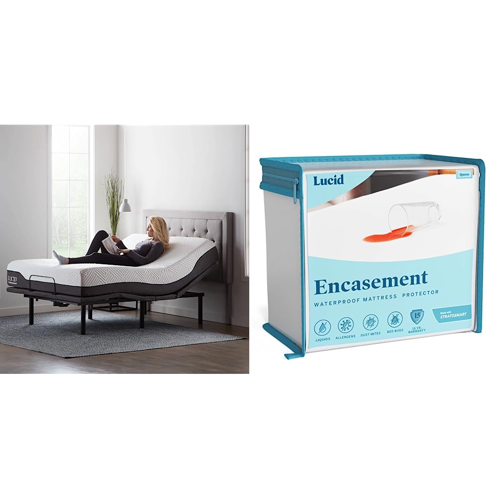 LUCID L600 Adjustable Bed Base Frame - Bluetooth & Encasement Mattress Protector - Completely Surrounds Mattress Queen Bed Frame + Mattress Cover, Queen