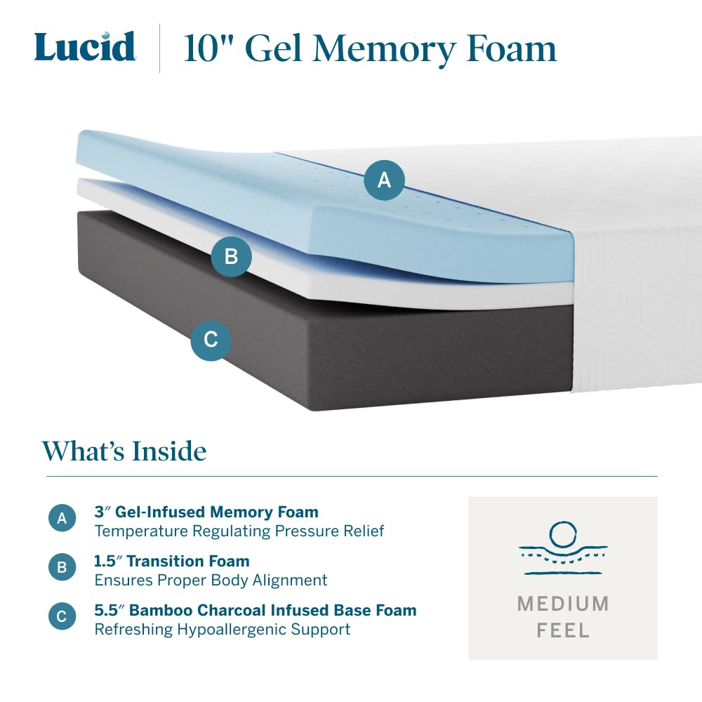 LUCID 10 Inch Gel Memory Foam Mattress - Plush Feel - CertiPUR-US Certified - Hypoallergenic Bamboo Charcoal - Breathable Cover - California King, White