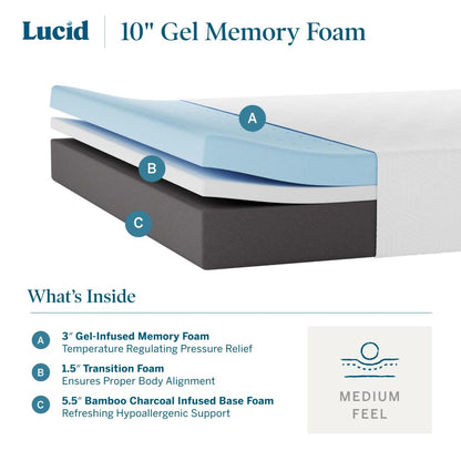 LUCID 10 Inch Gel Memory Foam Mattress - Plush Feel - CertiPUR-US Certified - Hypoallergenic Bamboo Charcoal - Breathable Cover - California King, White