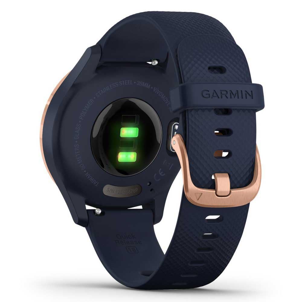 Garmin vivomove 3s, Smaller-Sized Hybrid Smartwatch with Real Watch Hands and Hidden Touchscreen Display, Rose Gold with Navy Blue Case and Band vívomove 3S