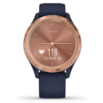 Garmin vivomove 3s, Smaller-Sized Hybrid Smartwatch with Real Watch Hands and Hidden Touchscreen Display, Rose Gold with Navy Blue Case and Band vívomove 3S