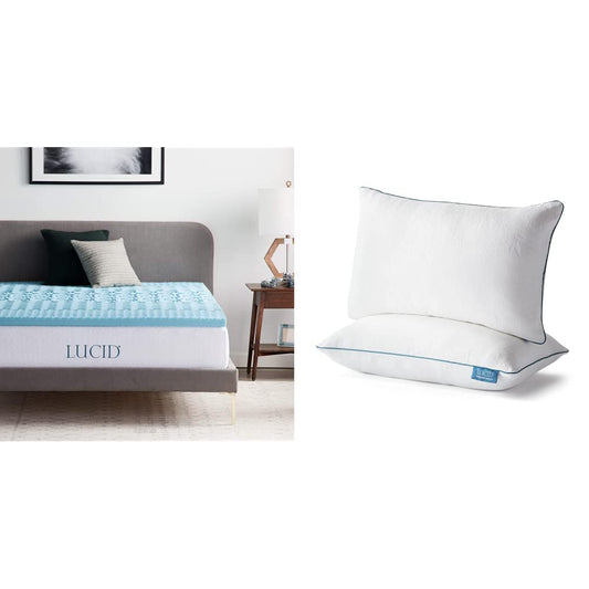 LUCID 2 Inch Gel Memory Foam Plush - Cooling Targeted Convoluted Comfort Zones Mattress Topper, Queen (LU20QQ30ZNGT) & Premium Shredded Memory Foam Pillow - Hypoallergenic - 2 Pack - Queen, White