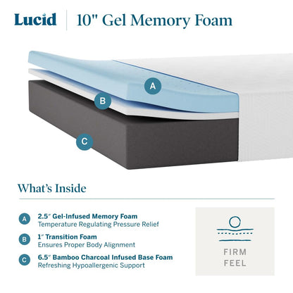 LUCID 10 Inch Memory Foam Firm Feel – Gel Infusion – Hypoallergenic Bamboo Charcoal – Breathable Cover Bed Mattress Conventional, Queen, White