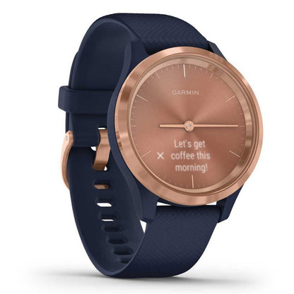 Garmin vivomove 3s, Smaller-Sized Hybrid Smartwatch with Real Watch Hands and Hidden Touchscreen Display, Rose Gold with Navy Blue Case and Band vívomove 3S