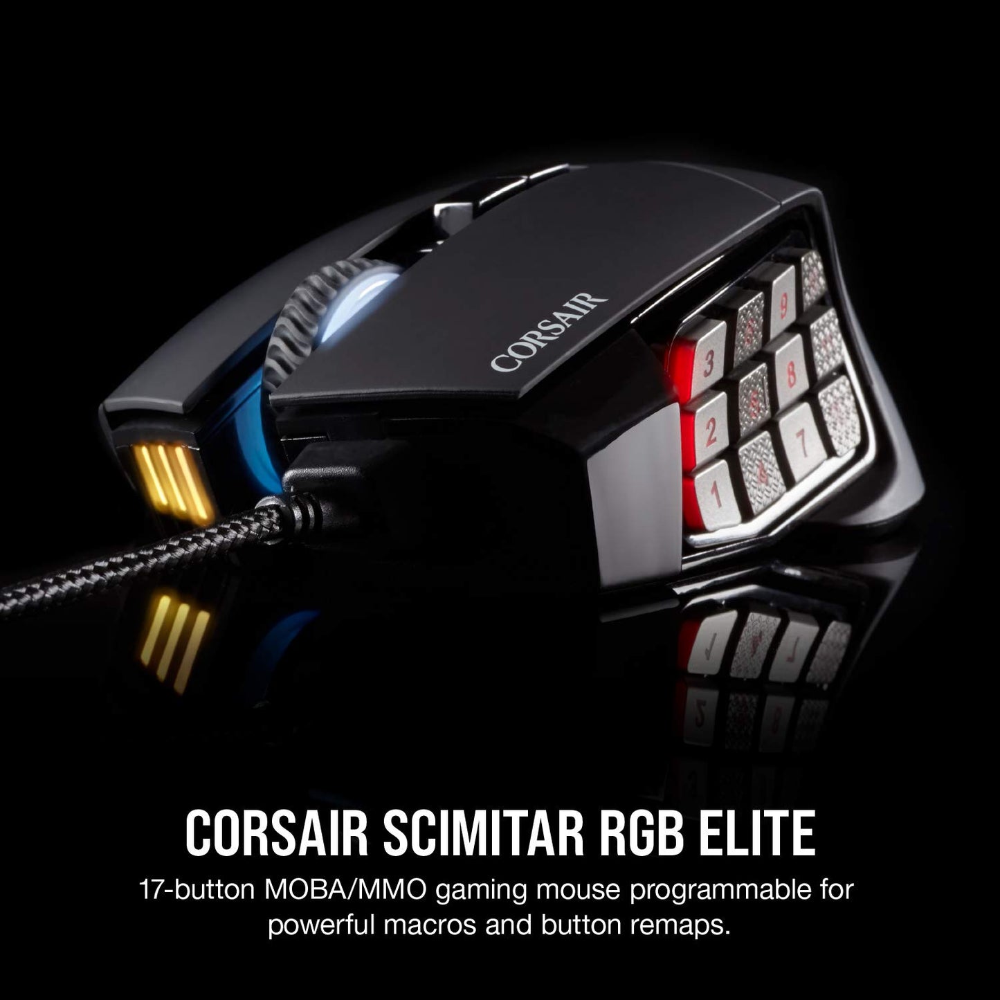 Corsair SCIMITAR RGB ELITE Gaming Mouse For MOBA, MMO - 18,000 DPI - 17 Progammable Buttons - iCUE Compatible - Black Wired