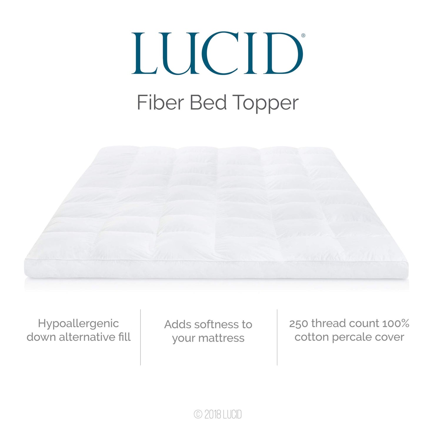 LUCID Ultra Plush 3 Inch Down Alternative Fiber Bed Mattress Topper - Allergen Free Pillow Top - Soft and Breathable Cotton Percale Cover - King Size, White Traditional