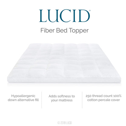 LUCID Ultra Plush 3 Inch Down Alternative Fiber Bed Mattress Topper - Allergen Free Pillow Top - Soft and Breathable Cotton Percale Cover - King Size, White Traditional