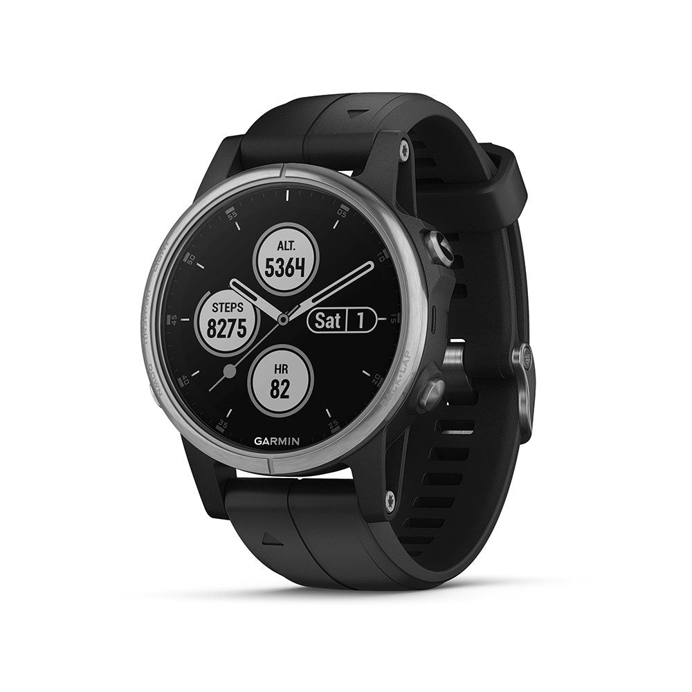 Garmin 010-01987-20 fēnix 5S Plus - Compact Multisport Smartwatch with Music, GPS, Maps, and Pay - Silver with Black Band, Silver with Black Glass 1.2 inches