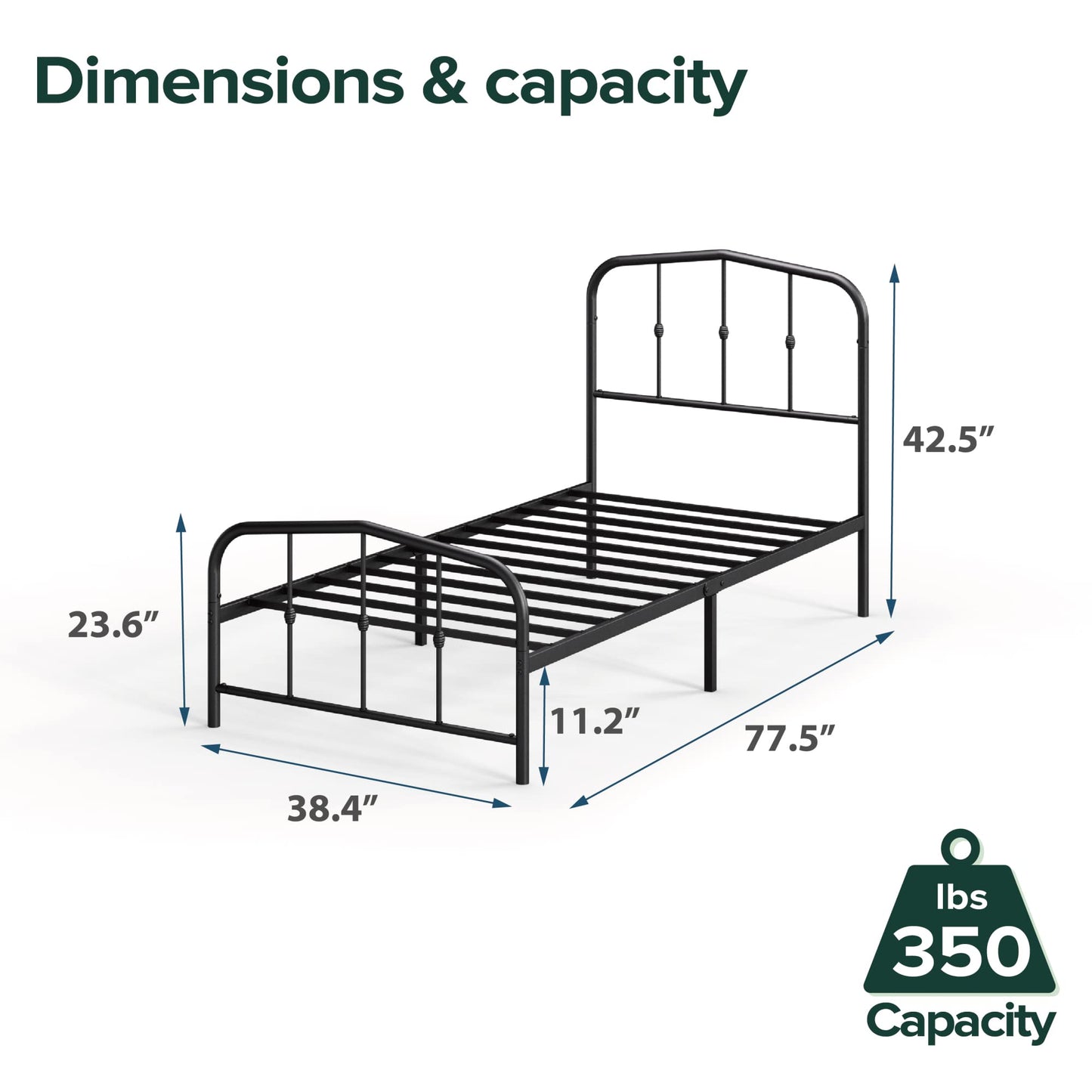 Zinus Twin Bed Frame - Heidi Metal Platform Bed Frame with Headboard and Footboard - Steel Mattress Foundation, No Box Spring Needed, Underbed Storage Space, 5 Year Warranty, Black, Twin Size