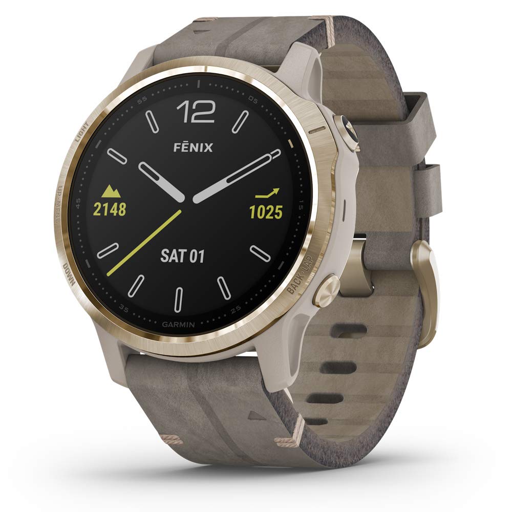 Garmin Fenix 6S Sapphire, Premium Multisport GPS Watch, Smaller-Sized, Features Mapping, Music, Grade-Adjusted Pace Guidance and Pulse Ox Sensors, Light Gold with Gray Leather Band