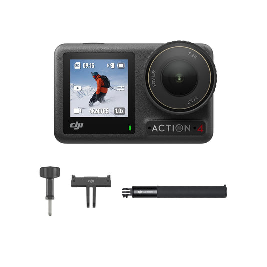 DJI Osmo Action 4 Skiing Combo - Ideal for Skiers with 1.5m Extension Rod Kit, Small Camera with 4K/120fps & 155º Ultra-Wide FOV, -20° C (-4° F) Cold Resistant & Long-Lasting, 10-bit D-Log M Standard Combo