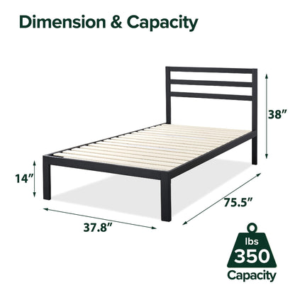 Zinus Twin Bed Frame - Mia 15 inch Metal Platform Bed Frame with Headboard, Wood Slat Support, No Box Spring Needed, Easy Assembly - Bed Frame with Underbed Storage Space, Twin Size