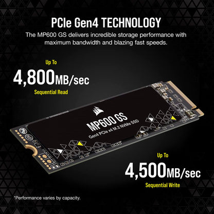 Corsair MP600 GS 500GB PCIe Gen4 x4 NVMe M.2 SSD – High-Density TLC NAND – M.2 2280 – DirectStorage Compatible - Up to 4,800MB/sec – Great for PCIe 4.0 Notebooks - Black