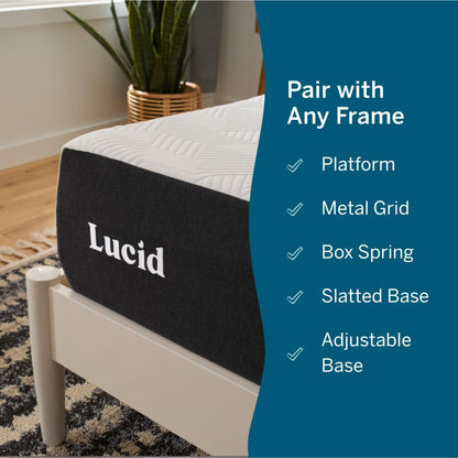 LUCID 10 Inch Memory Foam Firm Feel – Gel Infusion – Hypoallergenic Bamboo Charcoal – Breathable Cover Bed Mattress Conventional, Queen, White