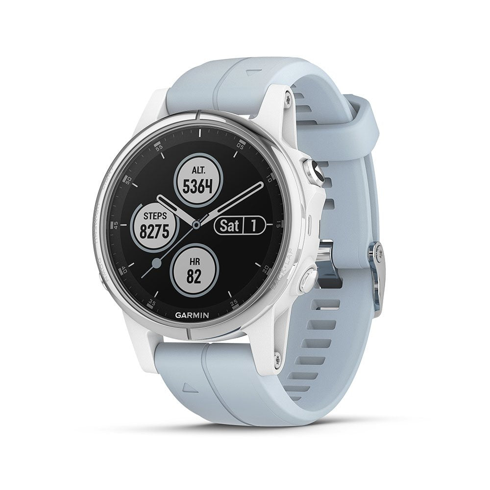 Garmin 010-01987-22 fēnix 5S Plus - Compact Multisport Smartwatch with Music, GPS, Maps, and Pay - White with Sea Foam Band, White with Sea Foam Band Glass