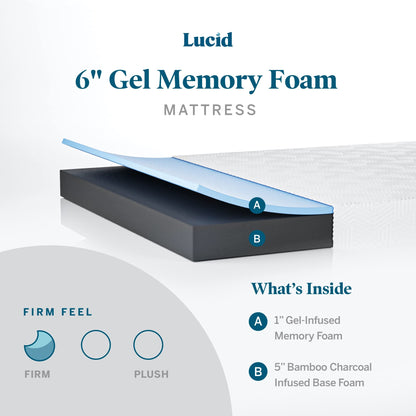 LUCID 6 Inch Gel Memory Foam Mattress – Soft Feel – Gel Infusion – Hypoallergenic Bamboo Charcoal – Breathable Cover, White, Full Firm