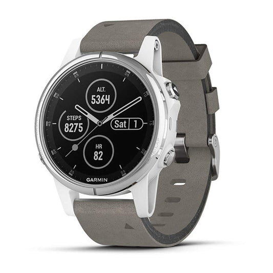 Garmin 010-01987-04 fēnix 5S Plus-Compact Multisport Watch with Music, maps, and Pay-Sapphire, White with Gray Suede Band, Silver W/Gray Suede Band Sapphire