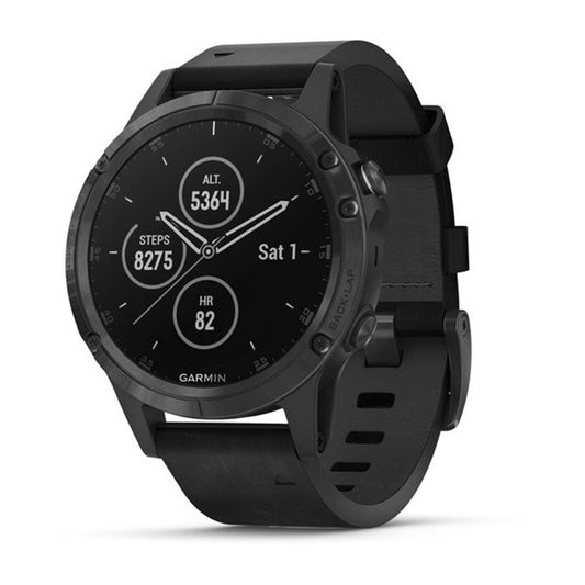 Garmin fēnix 5 Plus Premium Multisport Watch with Music, Maps and Garmin Pay Sapphire, Black with Black Leather Band