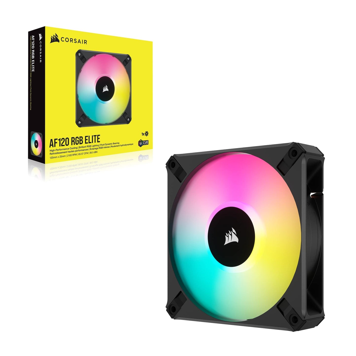 Corsair iCUE AF120 RGB Elite 120mm PWM Fan - Eight RGB LEDs - AirGuide Technology - Fluid Dynamic Bearing - Zero RPM Fan Mode - CORSAIR iCUE Software Compatible - Black For Desktop AF RGB ELITE Single (120mm)