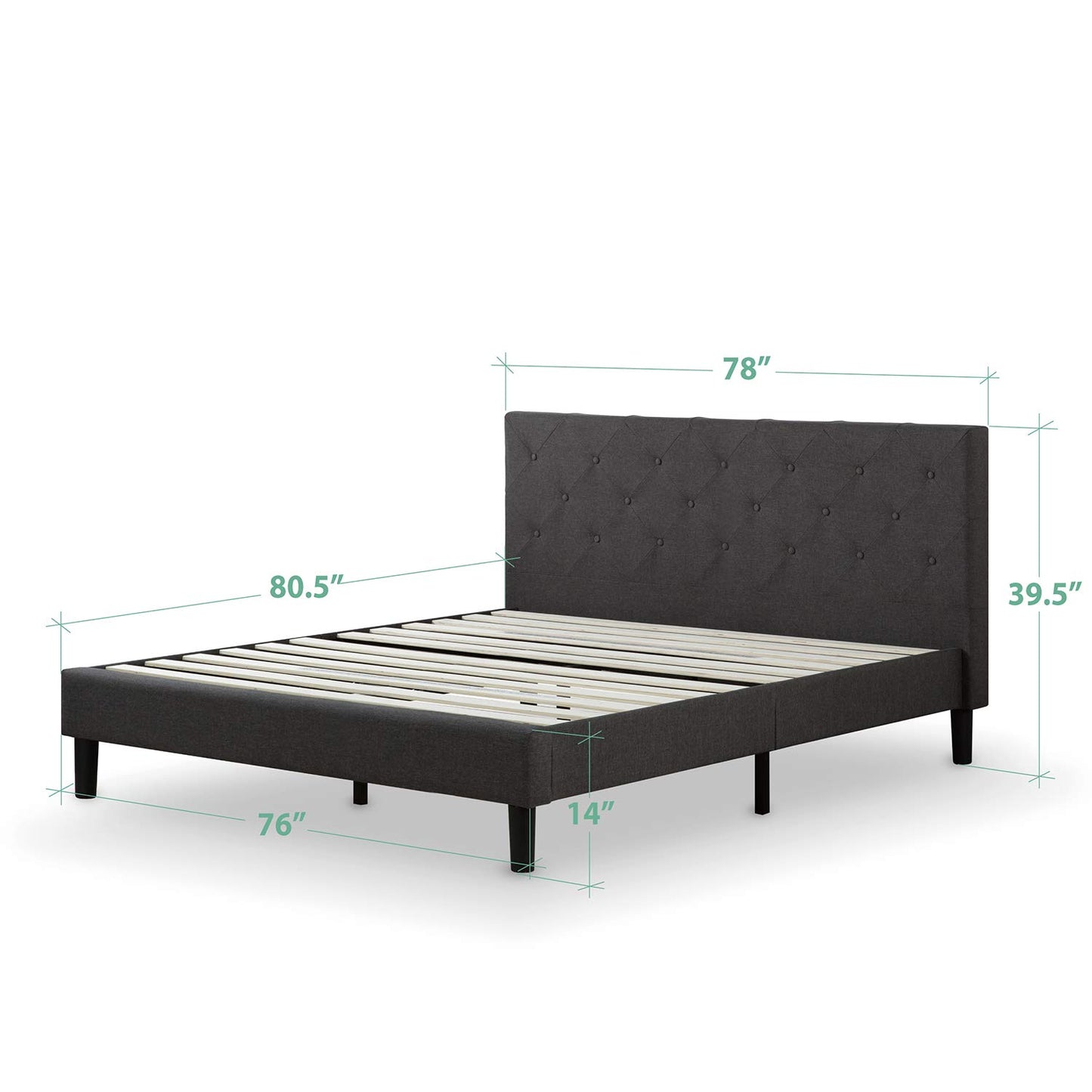 Zinus King Bed Frame - Shalini Upholstered Platform Bed Frame with Full-Sized Headboard - Wood Slat Support, Easy Assembly, No Box Spring Needed, Underbed Storage Space, Dark Grey, King Size