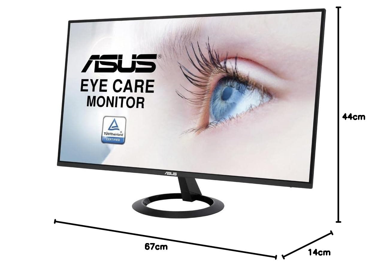 ASUS 27” 1080P Monitor (VZ27EHE) - Full HD, IPS, 75Hz, 1ms, Adaptive-Sync/FreeSync, Low Blue Light, Flicker Free, Ultra-Slim, VESA Mountable, Frameless, HDMI, VGA, BLACK, 14"x24.1"x1.5"