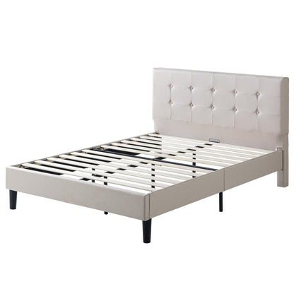 Zinus Queen Bed Frame - Ibidun Upholstered Platform Bed Frame, Squared Button Tufted Headboard, Bed in a box, Wood Slat Support, No Box Spring Needed, Easy Assembly, 5 Year Warranty, Beige, Queen Size Contemporary New Small Box