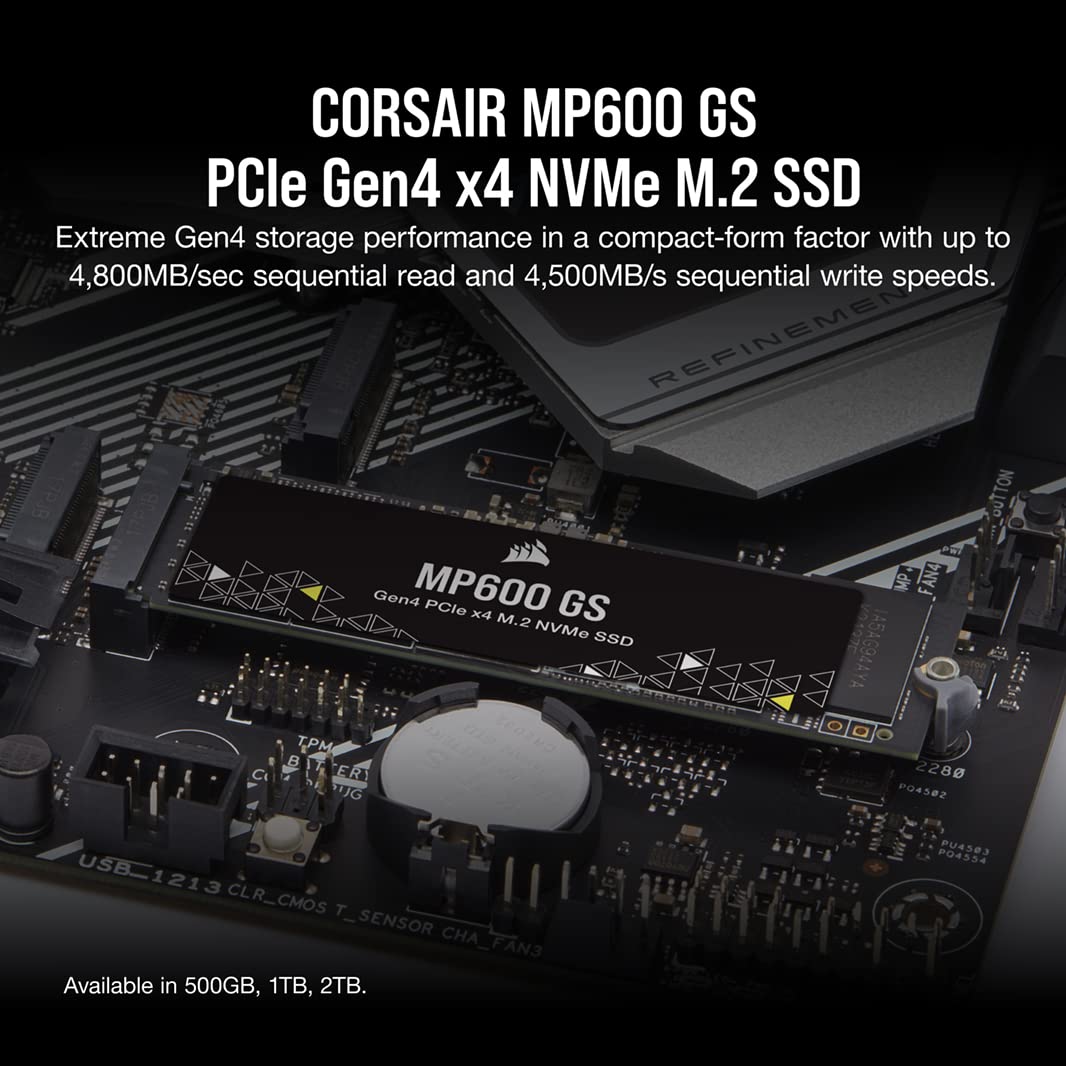 Corsair MP600 GS 500GB PCIe Gen4 x4 NVMe M.2 SSD – High-Density TLC NAND – M.2 2280 – DirectStorage Compatible - Up to 4,800MB/sec – Great for PCIe 4.0 Notebooks - Black