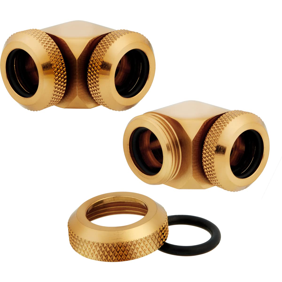 CORSAIR Hydro X Series XF Hardline 90 Degree 12mm OD Fittings Twin Pack (Solid Brass Durability, Quality Finish, Double O-Ring Hardline Compression Design, Easy 12mm Diameter Tubing Fitting) Gold