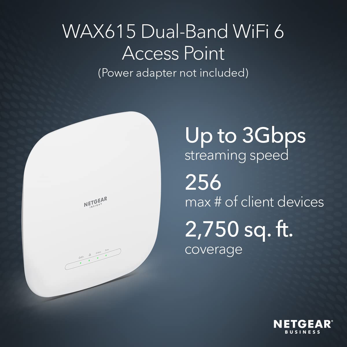 NETGEAR Cloud Managed Wireless Access Point (WAX615) - WiFi 6 Dual-Band AX3000 Speed Up to 256 Client Devices 802.11ax Insight Remote Management PoE+ Powered or AC Adapter (not Included) AX3000 | WiFi 6 | PoE+