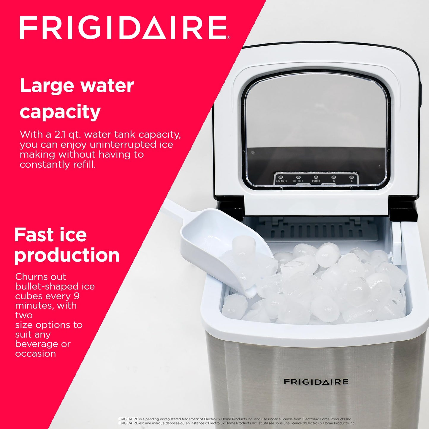 Frigidaire Compact Countertop Ice Maker, Makes 26 Lbs. Of Bullet Shaped Ice Cubes Per Day, Silver Stainless