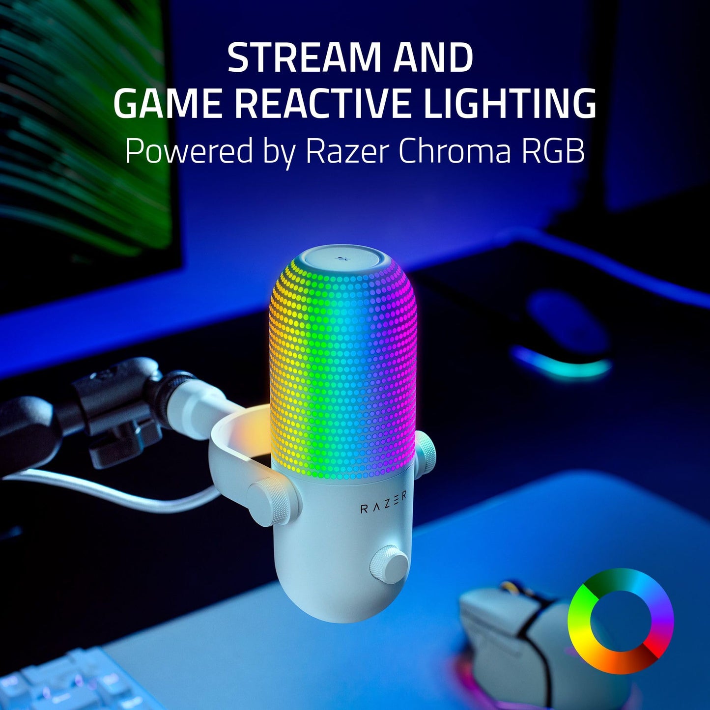 Razer Seiren V3 Chroma RGB USB Microphone: Stream & Game Reactive Lighting - Tap-to-Mute Sensor - Condenser Mic - Digital Gain Limiter & Shock Absorber - PC, Discord, OBS Studio, XSplit - White