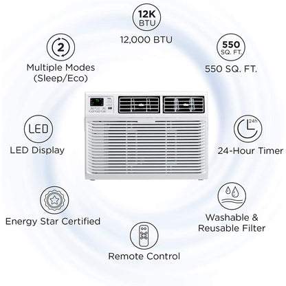 TCL 12,000 BTU 3 Fan Speed 8 Directional 550 Square Feet Coverage Cooling Window Air Conditioner with Reusable Filter LED Display, 12W3E1-A , White