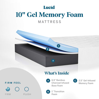 Lucid 10 Inch Firm Gel Memory Foam Mattress and Lucid L300 Adjustable Base, Full