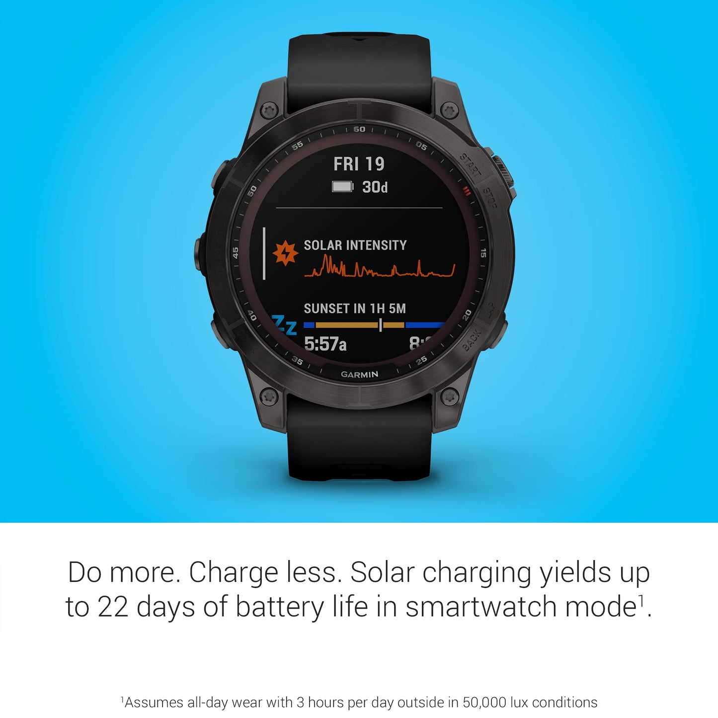 Garmin Fenix 7 Sapphire Solar, Adventure smartwatch, with Solar Charging Capabilities, Rugged Outdoor Watch with GPS, Touchscreen, Wellness Features, Carbon Gray DLC Titanium with Black Band