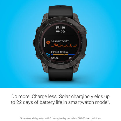 Garmin Fenix 7 Sapphire Solar, Adventure smartwatch, with Solar Charging Capabilities, Rugged Outdoor Watch with GPS, Touchscreen, Wellness Features, Carbon Gray DLC Titanium with Black Band