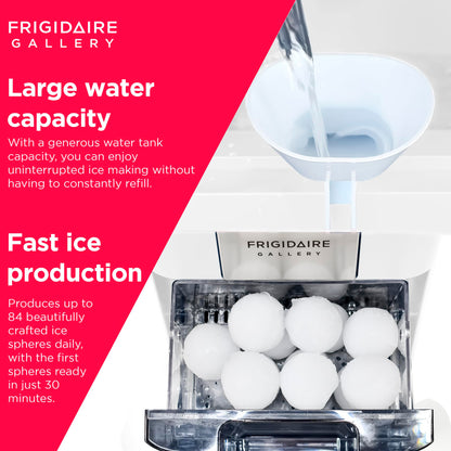 Frigidaire, Countertop Artisanal Sphere Ice Machine, Transparent Window, Gourmet Ice Maker, 84 Sphere per Day Capacity, Auto Self Cleaning Ice Making Machine - 16.75" D x 11.75" W x 20.25" H (White)