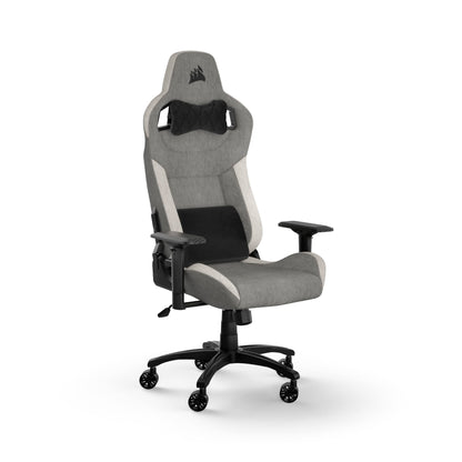 Corsair T3 Rush Fabric Gaming Chair (2023) – Racing-Inspired Design – Soft Fabric Exterior – Padded Neck Cushion – Memory Foam Lumbar Support – Adjustable Seat Height – Gray and White