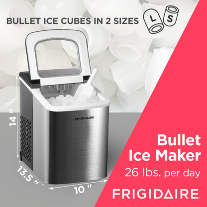 Frigidaire Compact Countertop Ice Maker, Makes 26 Lbs. Of Bullet Shaped Ice Cubes Per Day, Silver Stainless