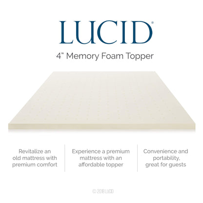 LUCID 4 Inch Ventilated Memory Foam Mattress Topper - 3-Year Warranty - Twin, Ivory