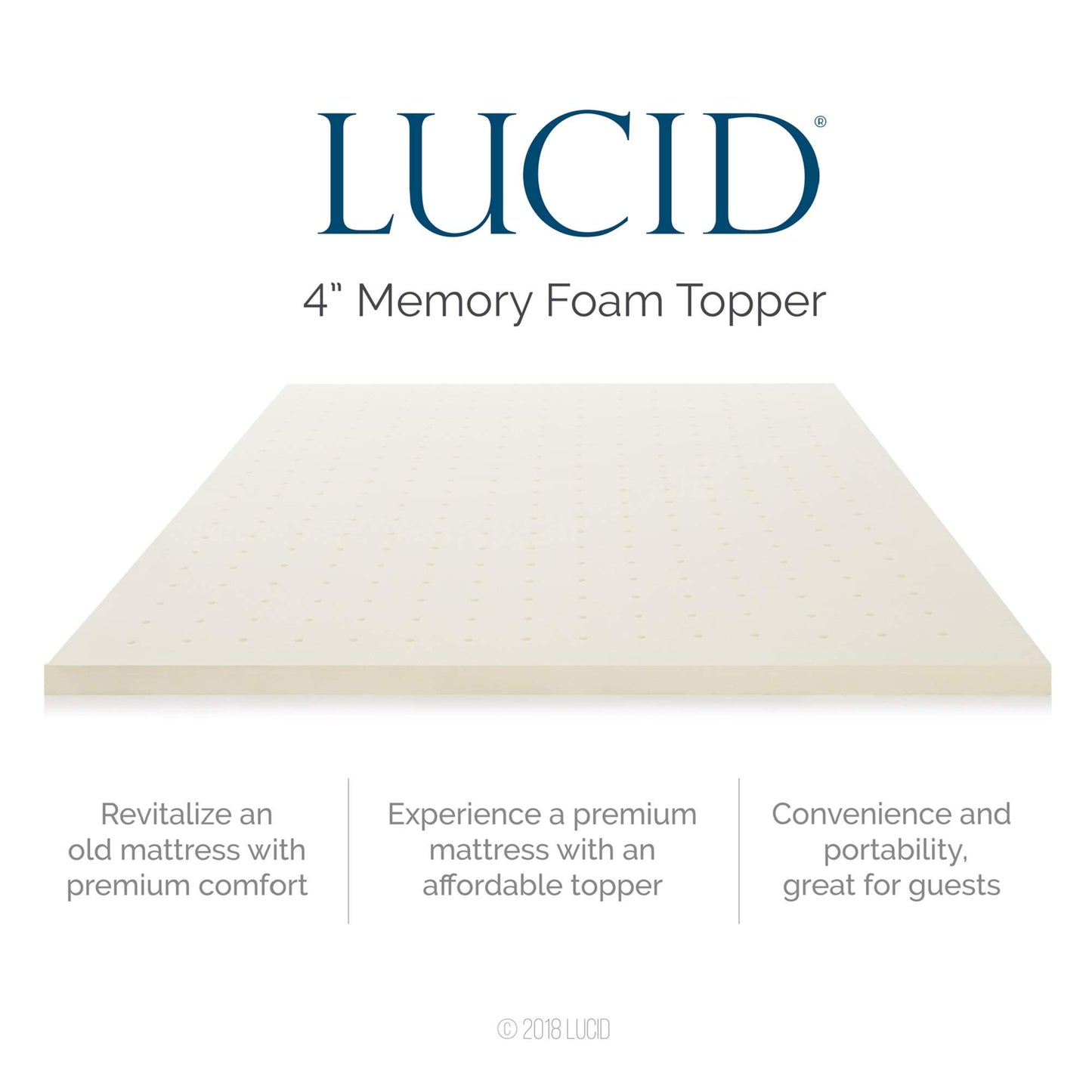 LUCID 4 Inch Ventilated Memory Foam Mattress Topper - 3-Year Warranty - Queen, Ivory