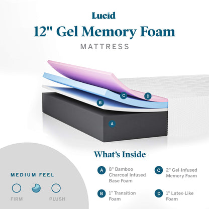 Lucid 12 Inch Gel Memory Foam Mattress – Plush Feel – Gel Infusion - Hypoallergenic Bamboo Charcoal – Breathable Cover California King