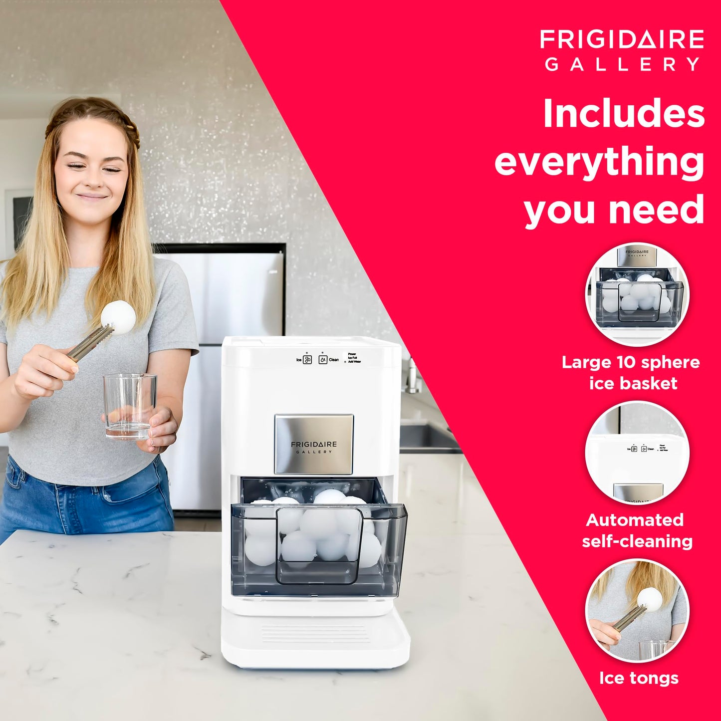 Frigidaire, Countertop Artisanal Sphere Ice Machine, Transparent Window, Gourmet Ice Maker, 84 Sphere per Day Capacity, Auto Self Cleaning Ice Making Machine - 16.75" D x 11.75" W x 20.25" H (White)