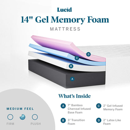 LUCID 14 Inch Memory Foam Medium Feel – Gel Infusion-Hypoallergenic Bamboo Charcoal – Breathable Cover Bed Mattress Conventional, Twin, White