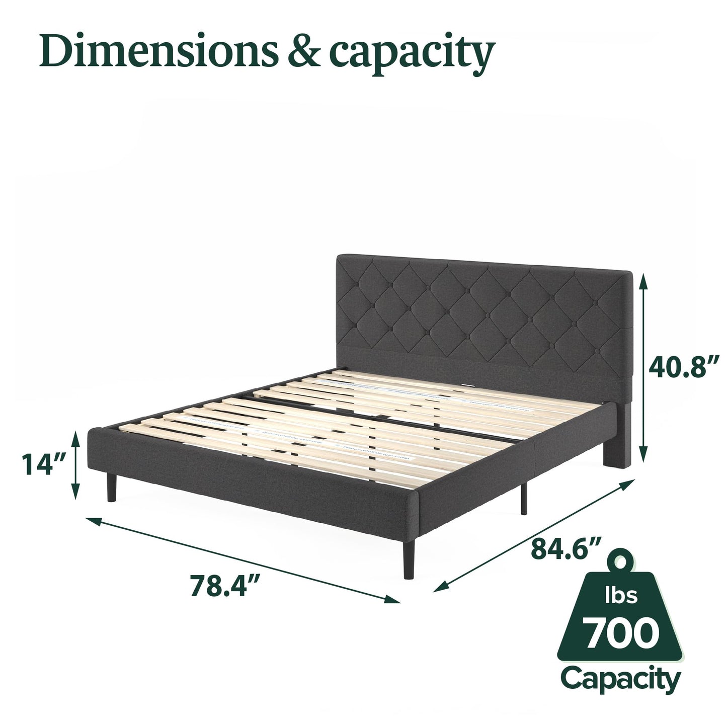 ZINUS King Shalini Upholstered Platform Bed Frame with Headboard [New WonderBox(TM) Version], Wooden Slat Support, No Box Spring Needed, Easy Assembly, Eco Friendly Packaging, Dark Grey Diamond Tufted New Small Box