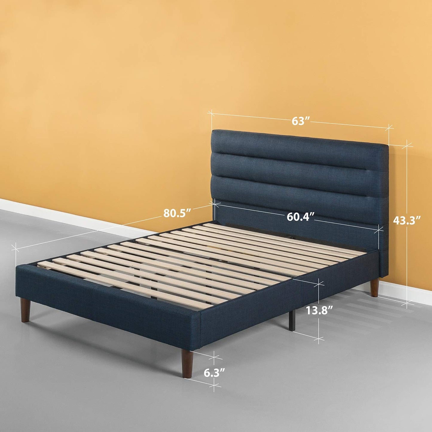 Zinus FHCP-Q Upholstered Horizontally Cushioned Platform Bed / Strong Wood Slat Support in Navy, Queen