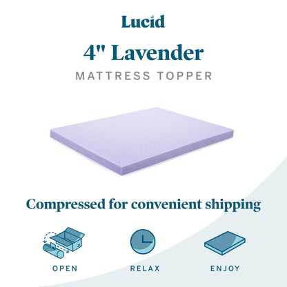 LUCID 4 Inch Lavender Infused Memory Foam Mattress Topper - Ventilated Design - Queen Size