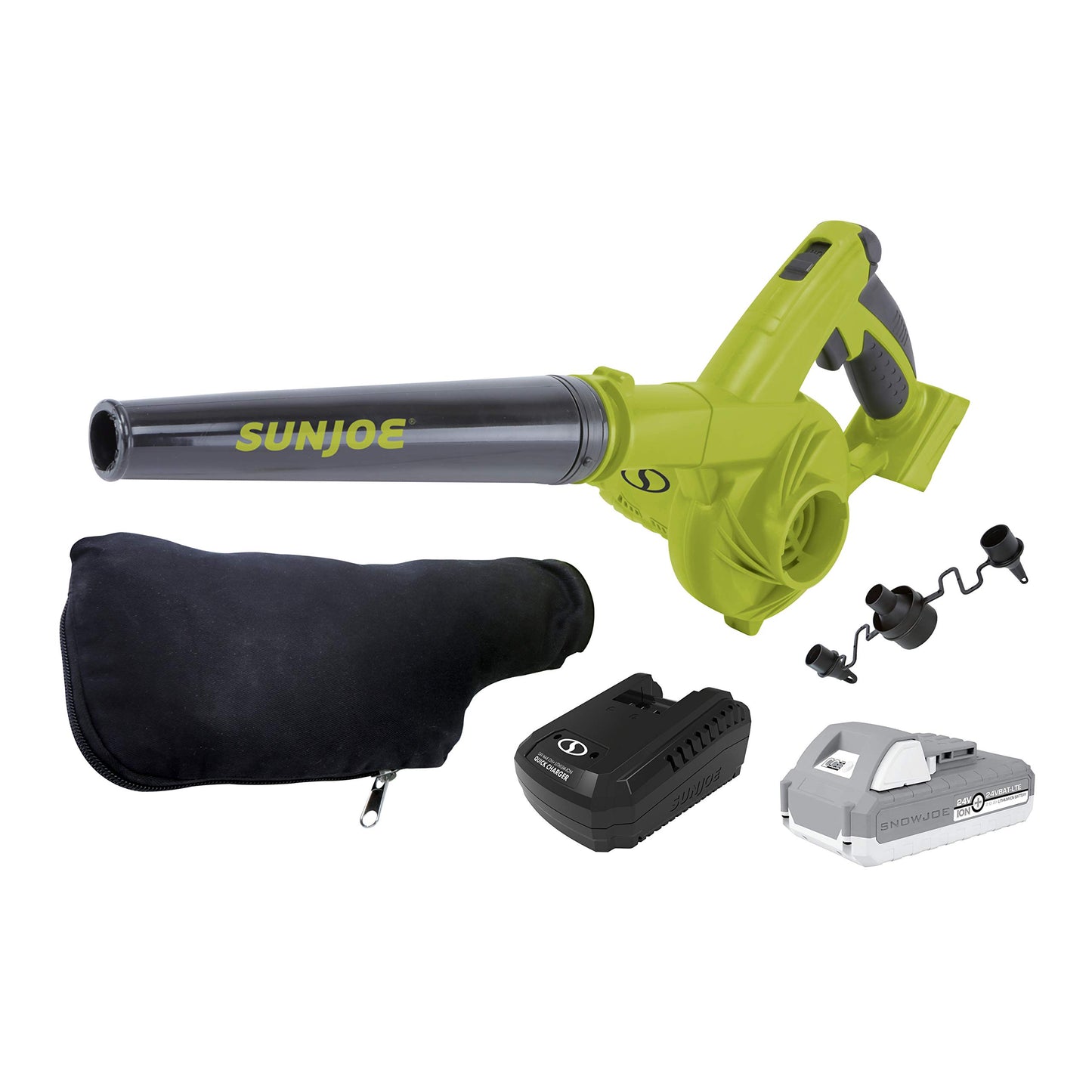 Sun Joe 24V-WSB-LTE 24-Volt iON+ 185 MPH 105 CFM Cordless Workshop Blower/Vacuum Kit w/ 2.0-Ah Battery, Charger, and 2 x Dust Bags Kit (w/ 2.0-Ah Battery + Charger) Green