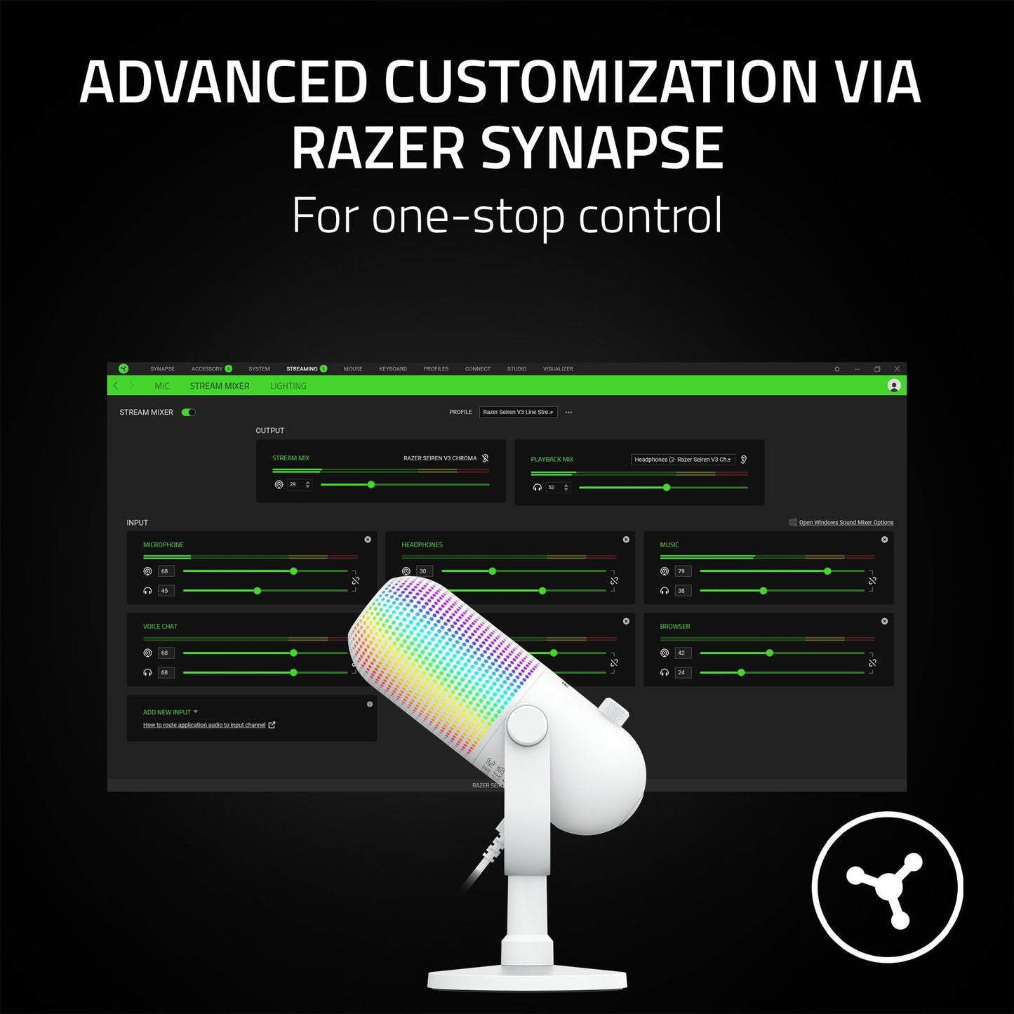 Razer Seiren V3 Chroma RGB USB Microphone: Stream & Game Reactive Lighting - Tap-to-Mute Sensor - Condenser Mic - Digital Gain Limiter & Shock Absorber - PC, Discord, OBS Studio, XSplit - White